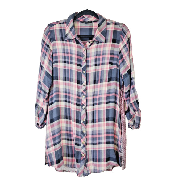 Tolani Plaid Flannel Top Womens Small Tunic Pockets Contrast Back Bohemian Pink - Picture 1 of 9
